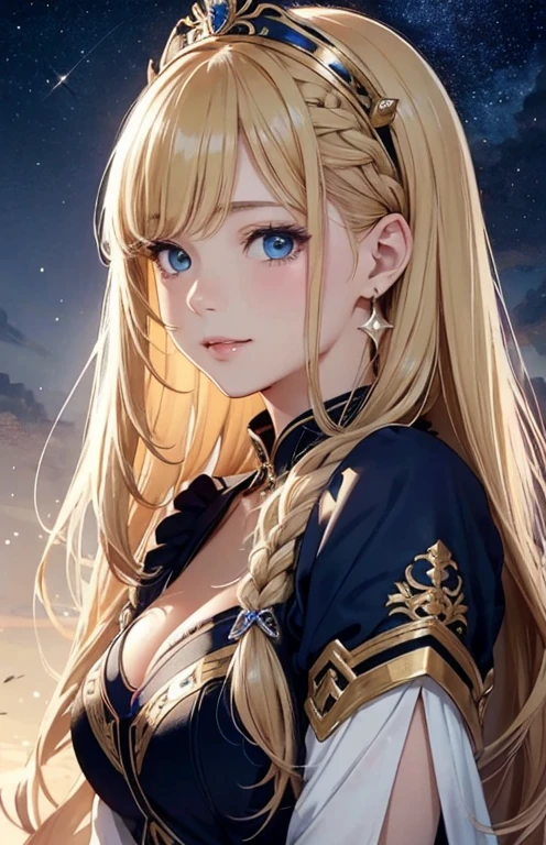 masterpiece、highest quality、High resolution、high quality images、8K, 1 female、skin luster、Texture of skin and clothing、Expression of fine eyes、Shiny bright golden hair,Girl with long braided hair, Manga inspired by Lee Jong-suk, trending on deviantart, realism, detailed manga style, manga art style, perfect line drawing, beautiful line drawing, digital manga art girl, K-POPアイドル, beautiful blue eyes, plump lips, detailed gorgeous face, (cute smile), charm, innocent, Side view, (perfectly detailed face), (fine hands) photorealistic images, Depth of written boundary, Princess hairstyle, Corolla on the head , fortune teller , Fluffy sheep clothing , tarot cards , show your shoulders , I can see the cleavage , night sky , night view ，beautiful starry sky ，beautiful starry sky , Aries , romanticism,