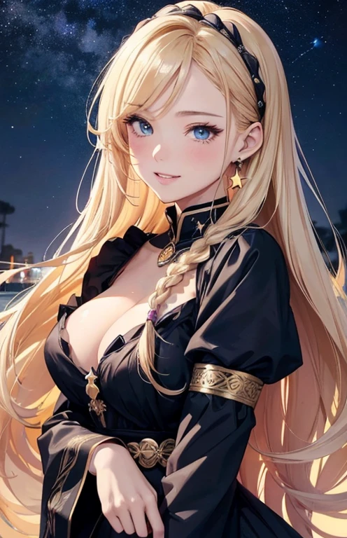 masterpiece、highest quality、High resolution、high quality images、8K, 1 female、skin luster、Texture of skin and clothing、Expression of fine eyes、Shiny bright golden hair,Girl with long braided hair, Manga inspired by Lee Jong-suk, trending on deviantart, realism, detailed manga style, manga art style, perfect line drawing, beautiful line drawing, digital manga art girl, K-POPアイドル, beautiful blue eyes, plump lips, detailed gorgeous face, (cute smile), charm, innocent, Side view, (perfectly detailed face), (fine hands) photorealistic images, Depth of written boundary, Princess hairstyle, Corolla on the head , fortune teller , Fluffy sheep clothing , tarot cards , show your shoulders , I can see the cleavage , night sky , night view ,beautiful starry sky ,beautiful starry sky , Aries , romanticism,