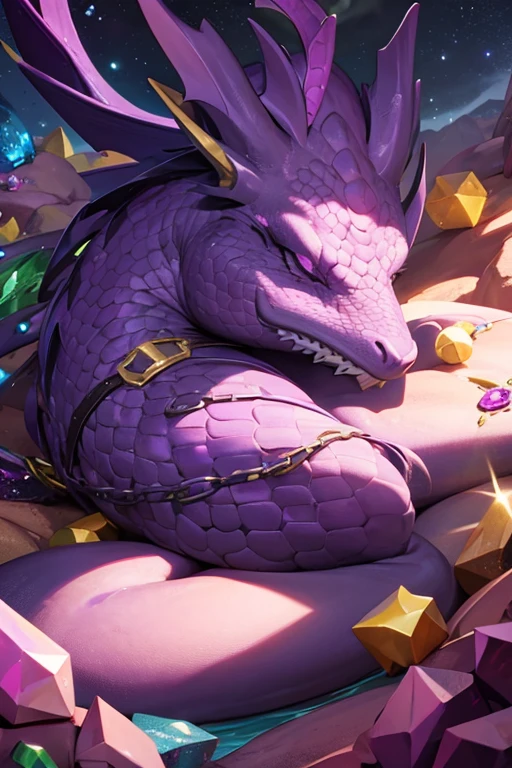 Purple dragon sleeping on a mountain of gems