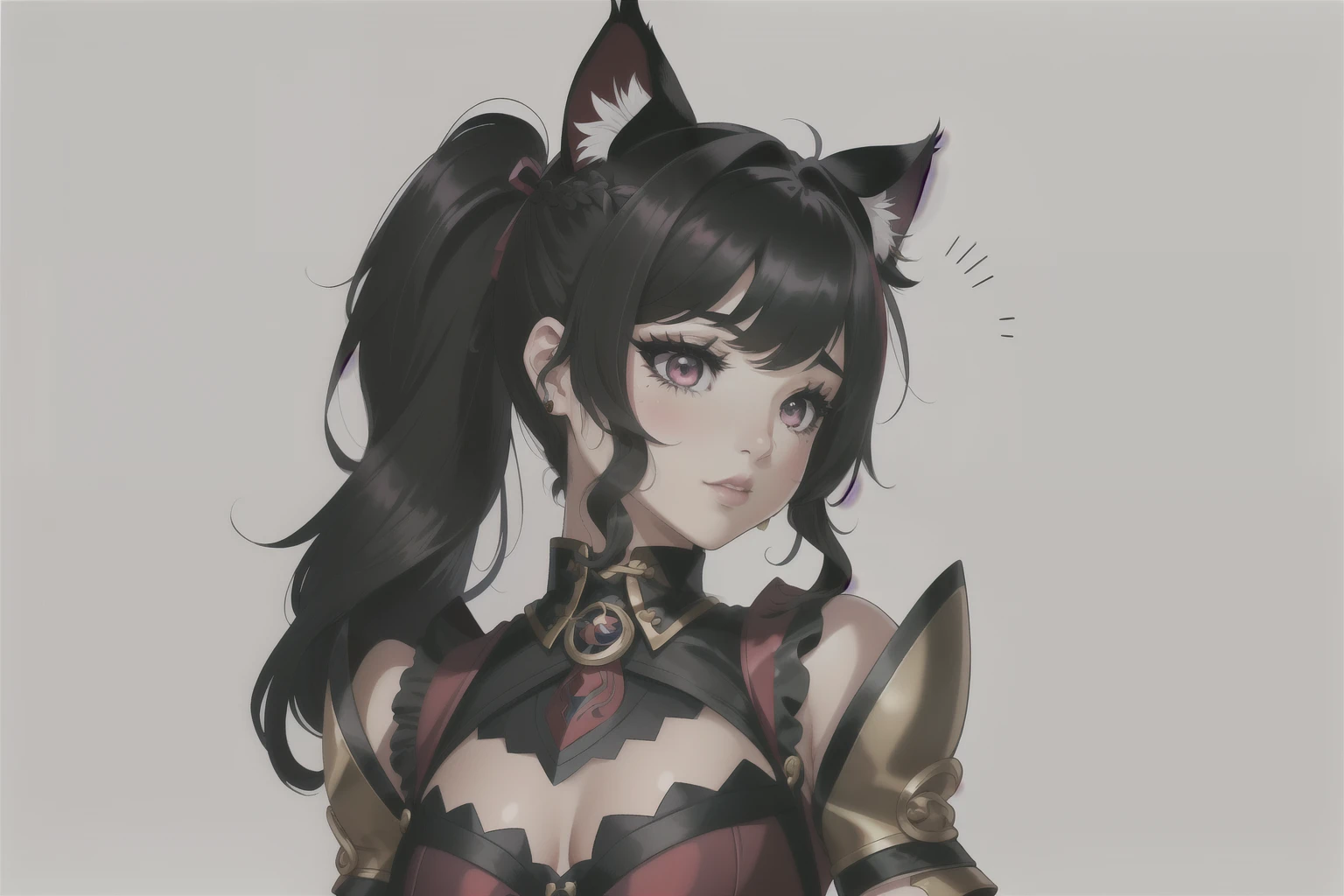 (obra maestra, Mejor calidad), ,((long hair slightly wavy slightly past the shoulders, black bangs, small black pigtails on the sides, cute cat ears, beautiful thin red eyes,)), Detalles intrincados,
Luchadora de almas Evelynn, 1 chica, chaqueta corta, tiene, pantalones, cabello corto, pelo rubio, escote, labios morados, 
 MathLadyMeme, texto, text in english,