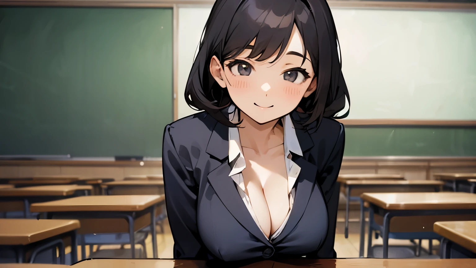 female teacher、classroom、30 years old、During class、suit figure、Blackboard background、賑やかなclassroom、cleavage is visible、big chest、smile