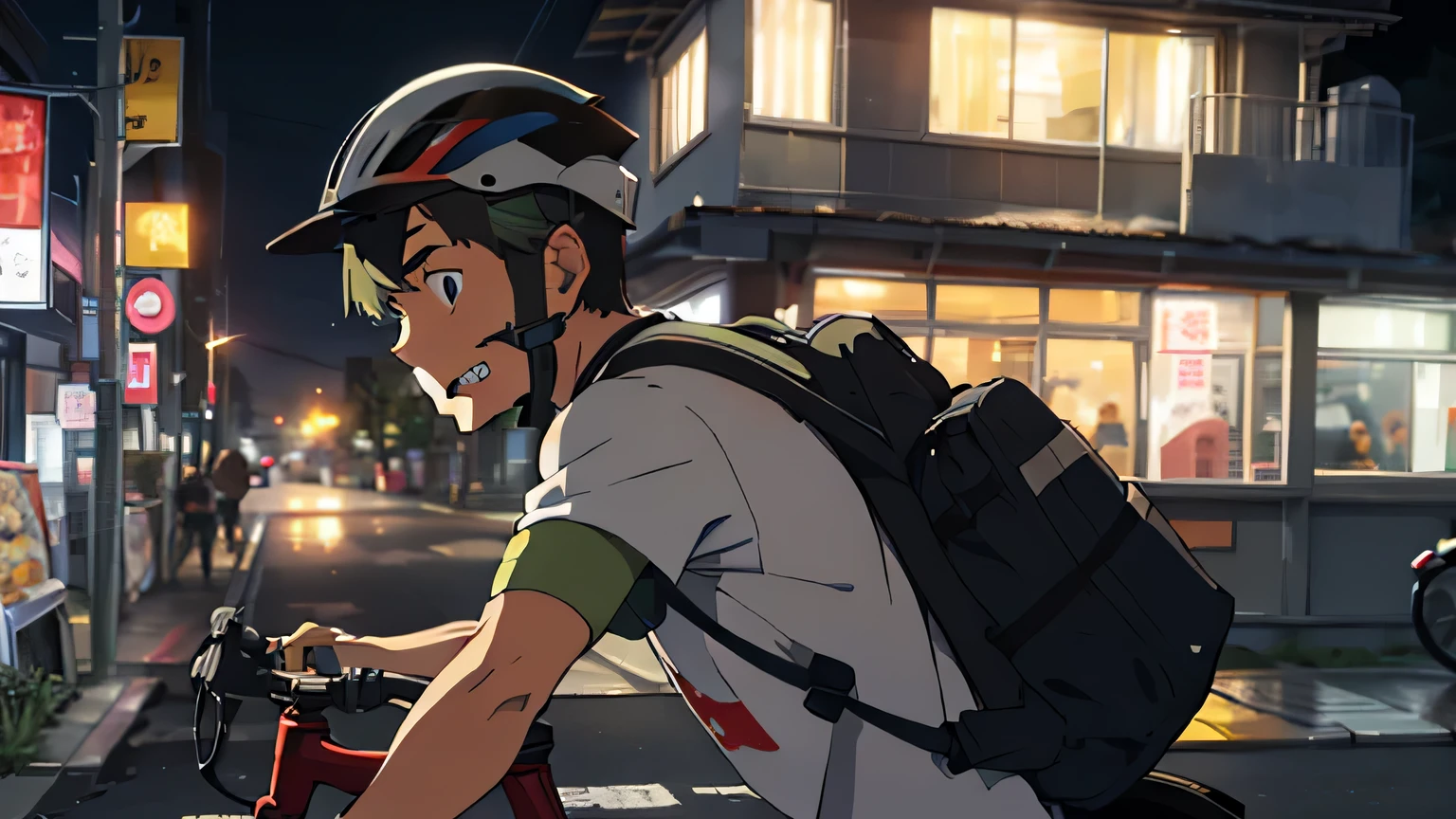 late night、A man in his 20s wearing a grey T-shirt and a bicycle helmet、Carrying a big, thick green backpack for food delivery、Profile of a man gritting his teeth and crying while cycling、Upper body、Don't cut off my head