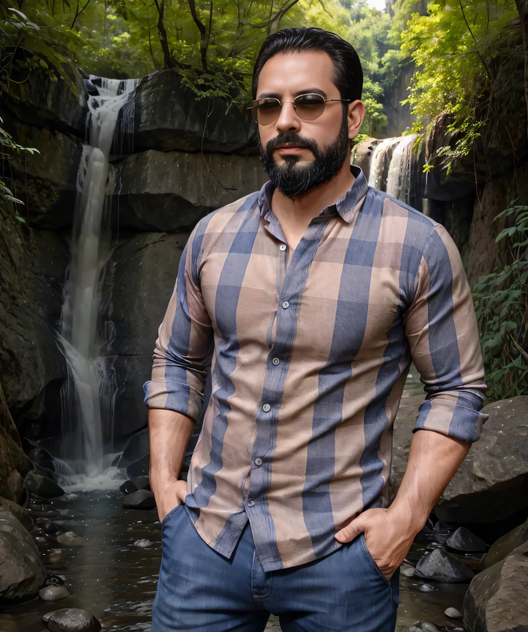 Obra maestra, desenfoque de campo, Parte superior del cuerpo, pose masculina, 38 year old man with beard and square sunglasses. Hombre vistiendo una camisa de cuadros con una cascada de fondo.