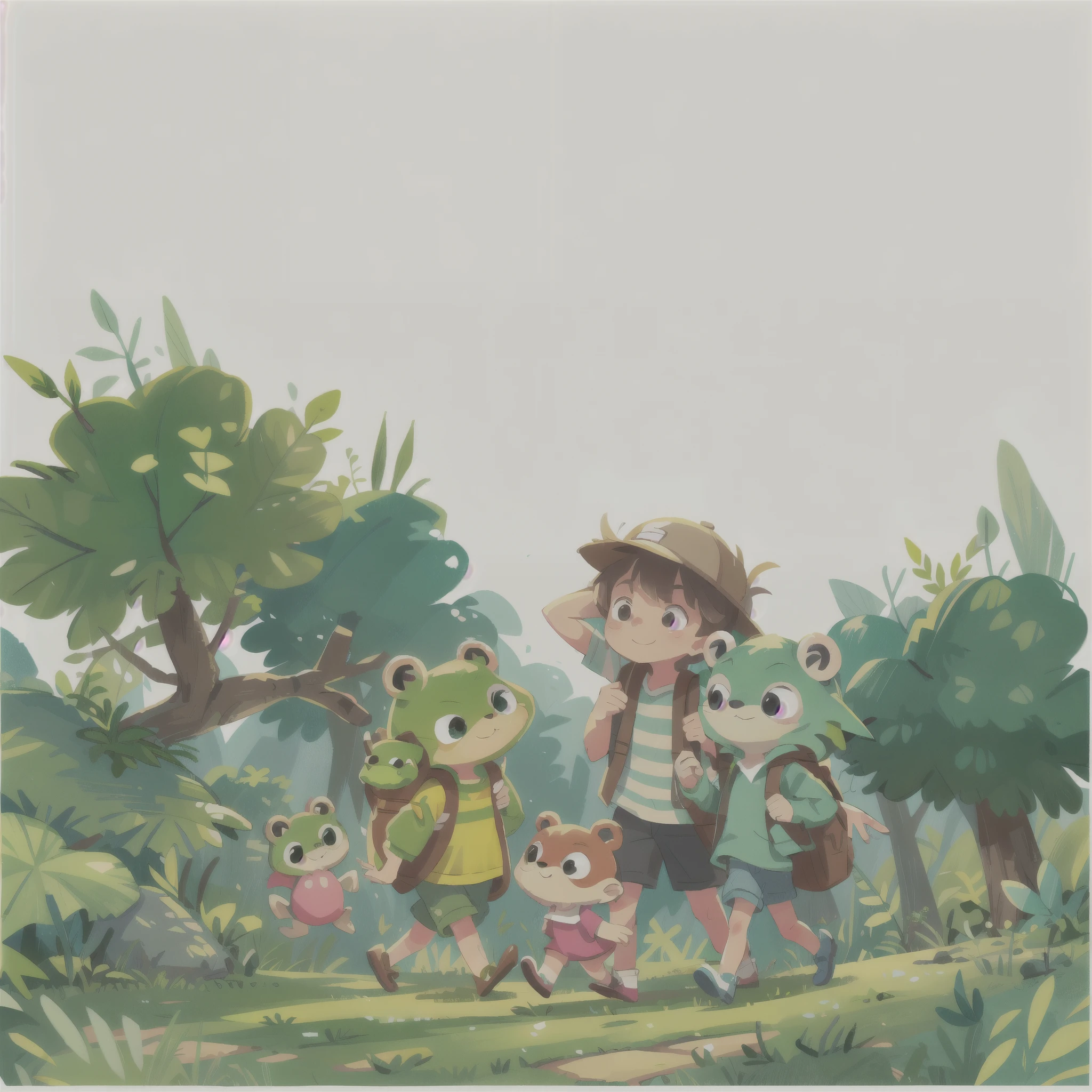 Two little animals on a hike, In the cute sketch style of a traveling frog,Happily exploring the unknown world