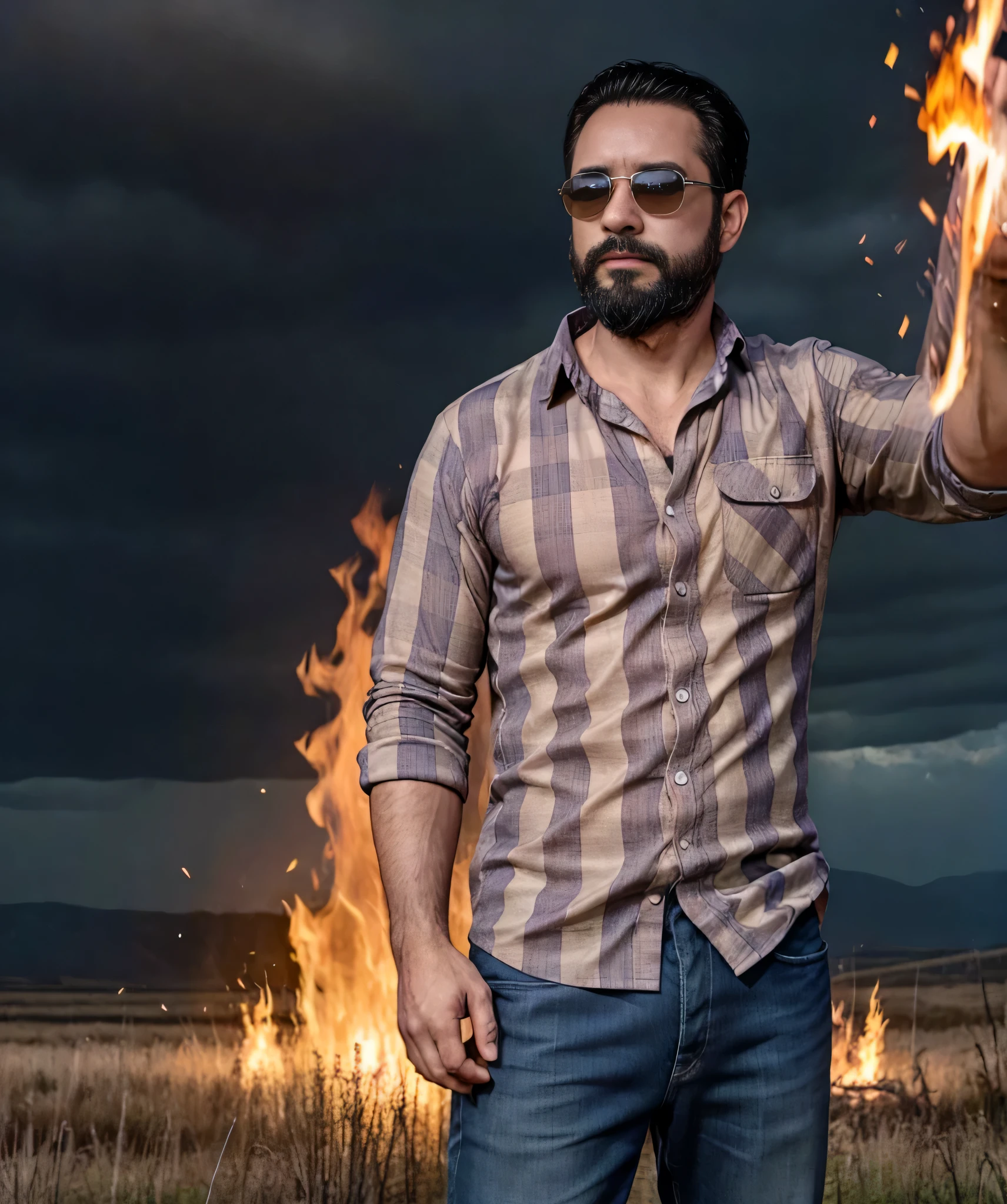 Obra maestra, desenfoque de campo, Parte superior del cuerpo, hands in pants pockets , 38 year old man with beard and square sunglasses. Man wearing a plaid shirt in an action movie with a fire storm in the background. Hay una nave extraterrestre en el cielo.