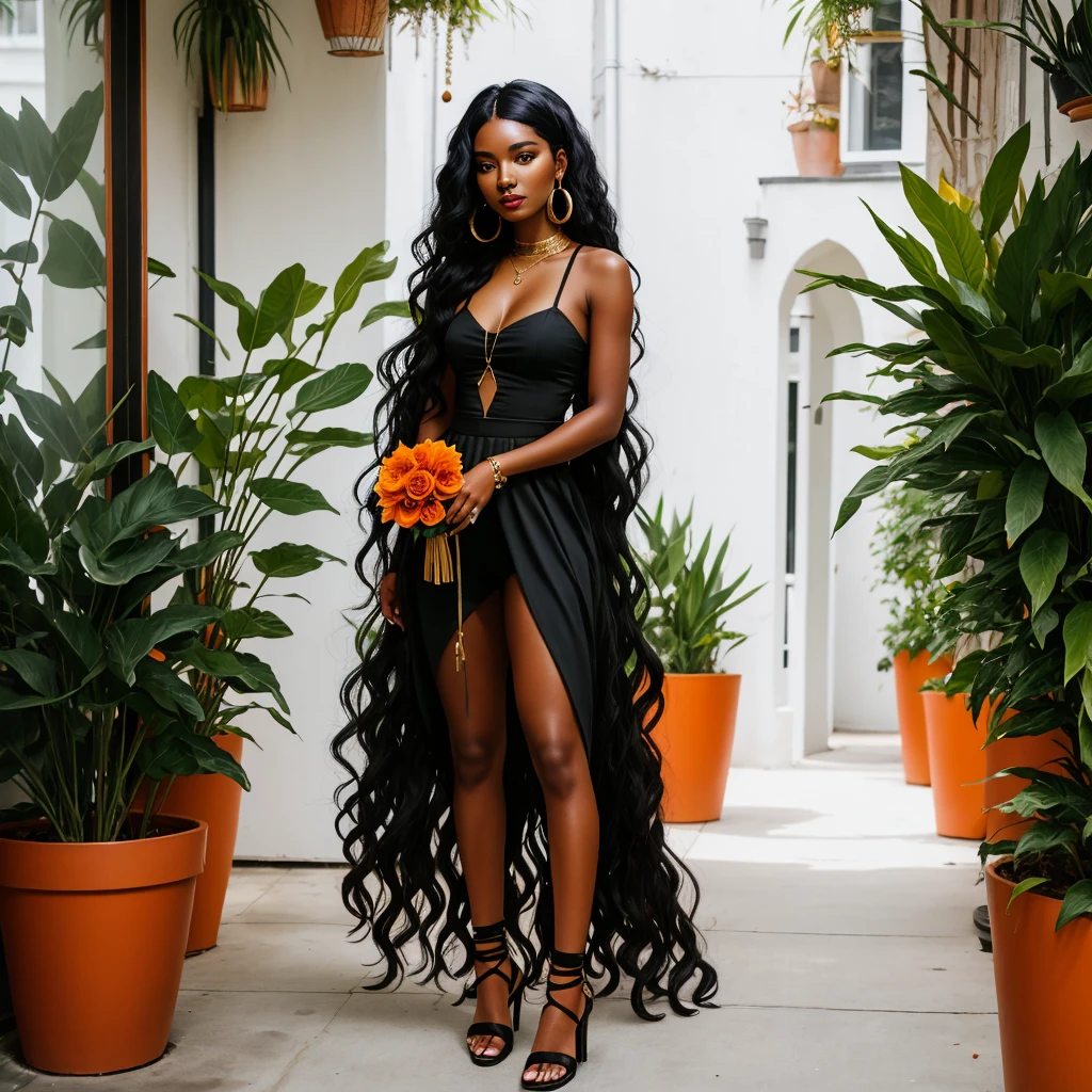 Long wavy luxurious black hair, black woman, ebony skin tone, orange outfit, gold hoops, big flower pots, luxury scene, from a distance