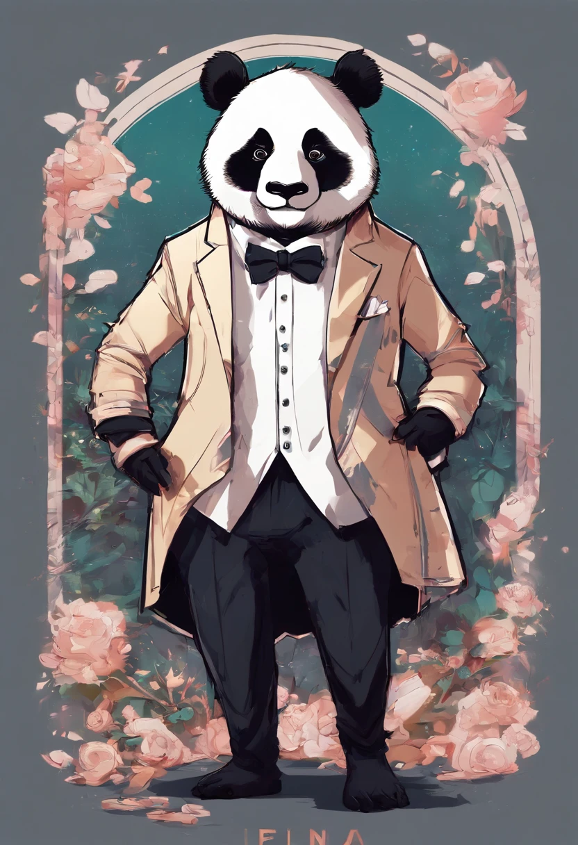 anthropomorphic panda, de cuerpo entero, vestido formalmente con un blazer, sostiene una bandeja, pegatina de panda, sticker de panda.