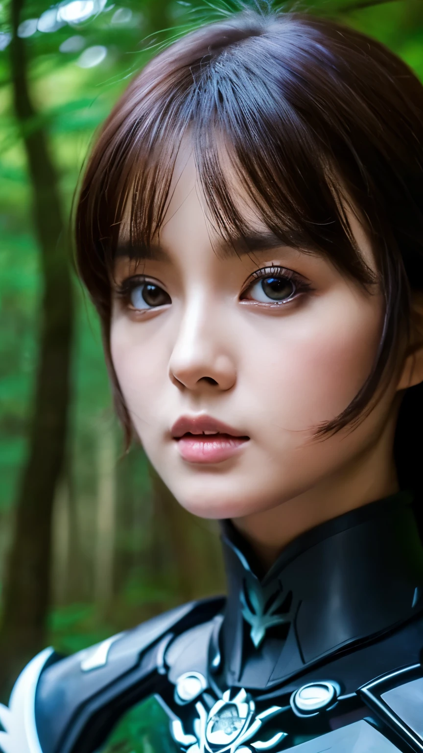 a sserafimsakura, perfect eyes, (surreal:1.5), (standing in the forest:1.2), (close up photo:1.5), (black paladin armor:1.2), (Complex:1.2), (looking at camera:1.2), (highest quality:1.2), 