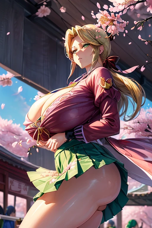 ((woman,huge breasts, (huge breasts:1.8),とても唇が赤いhuge breastsを強調,big ass,thin waist,long legs,green eyes立っている)) ((((anime style))))8k(((((anime style)green eyes)))) 8k((Standing at the station))8k((Waiting for a train at the station))8k((early morning))8k((beautiful woman))8k(Good at drawing faces)((学生blazer15歳学生服 緑のネクタイ, blazer, pleated skirt))8k(((((spring,cherry blossoms,The wind is blowing,the skirt is turned up,cherry blossomsが散っている:1.3)))))