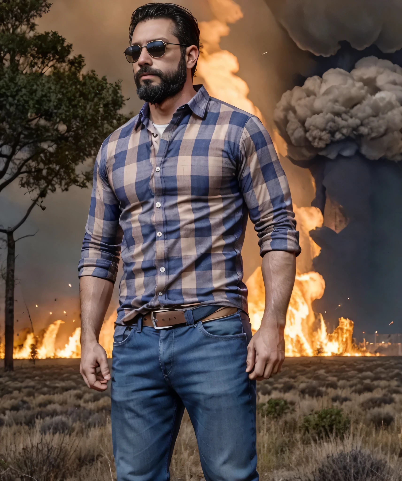 Obra maestra, desenfoque de campo, Parte superior del cuerpo, hands in pants pockets , 38 year old man with beard and square sunglasses. Man wearing a plaid shirt in an action movie with a fire storm in the background.