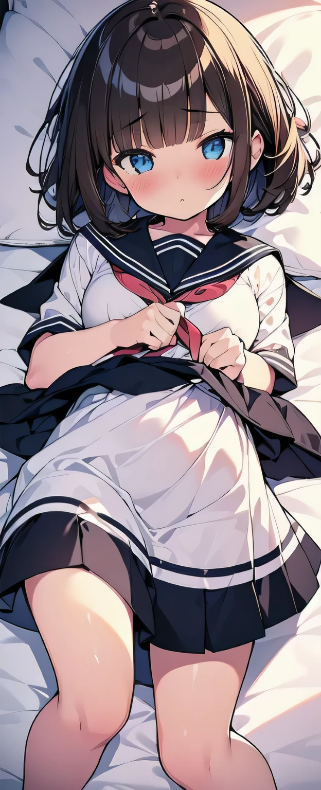 (best quality), (Super detailed), (Best Illustration), (1girl), full body, look at viewer, (white serafuku), (lying on bed:1.2), blush, {brown hair, (bob cut:1.2), curly hair, hairs between eyes}, {(detailed eyes), twinkle(in the eyes), blue eyes},