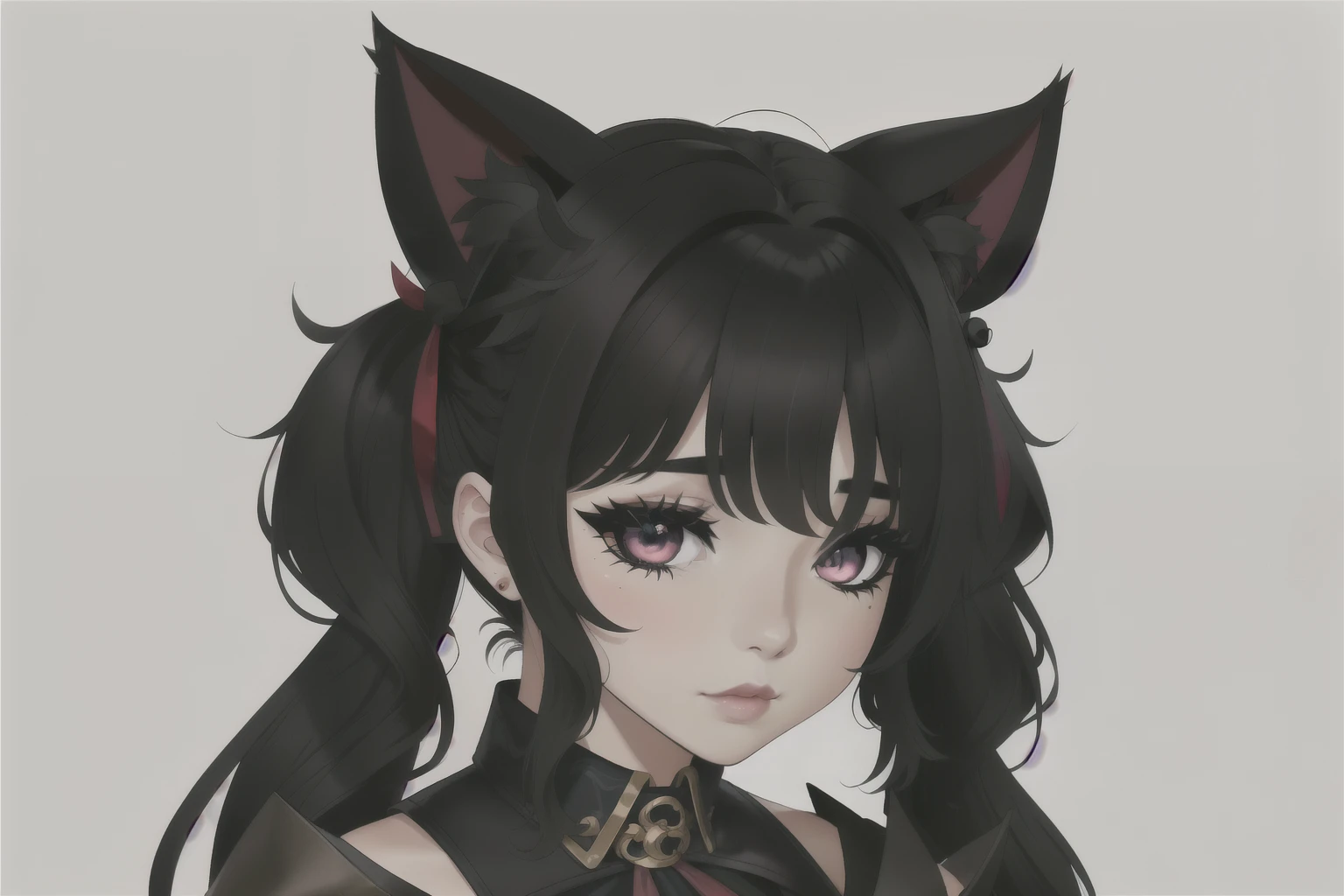 (obra maestra, Mejor calidad),,((long hair slightly wavy slightly past the shoulders, black bangs, small black pigtails on the sides, cute cat ears, beautiful thin red eyes,)),  Detalles intrincados,
Luchadora de almas Evelynn, 1 chica, chaqueta corta, tiene, pantalones, cabello corto, pelo rubio, escote, labios morados, 
 MathLadyMeme, texto, text in english,