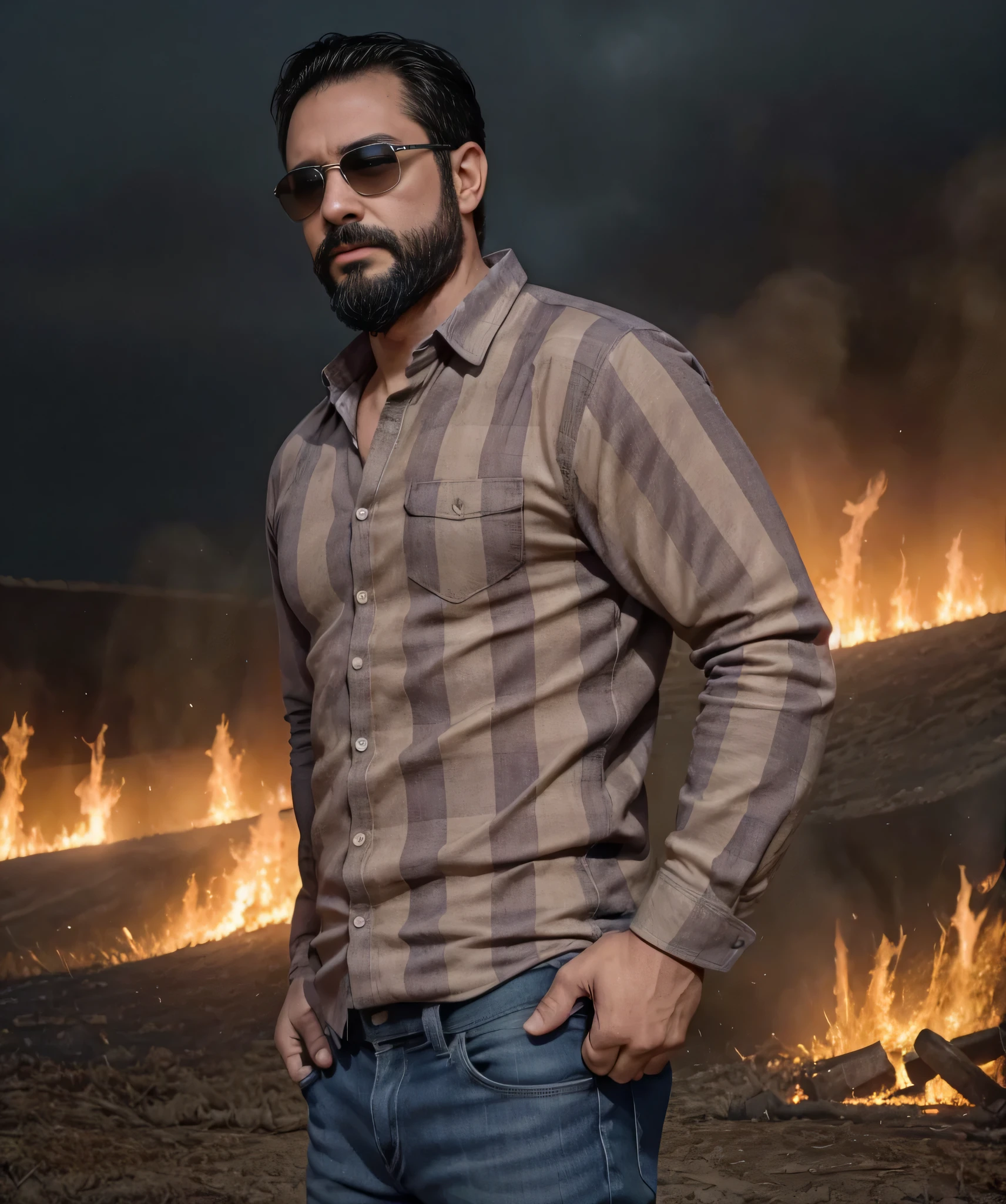 Obra maestra, desenfoque de campo, Parte superior del cuerpo, hands in pants pockets , 38 year old man with beard and square sunglasses. Man wearing a plaid shirt in an action movie with a fire storm in the background. Hay una nave extraterrestre en el cielo.