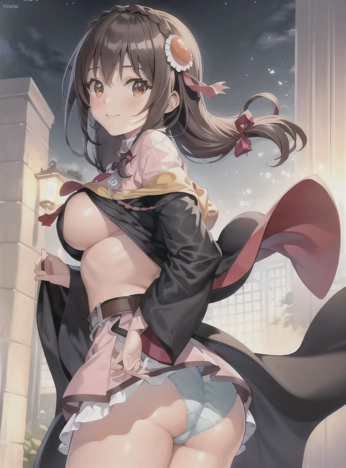 back view, stick out one's butt, Show panties, colorful, 1 girl,at the park, night view, evening,joy,origin,(beautiful face),(realistic face, perfect eyes,1.1),analog style,RAW,real life photo,medium quality,normal aesthetic,break,1girl,(japanese girl:1.1),(round face:1.3),break,(intricate underwear),(masterpiece, highest quality, 16K), delicate, Detailed, Sharp, 1 girl, Yunyun,long hair,Braid,twin tails,hair between eyes,hair ribbon,hair ornaments,big breasts,(cape:1.2),tie,shirt,pink shirt,long sleeve,belt,pink skirt,pantyhose,loafers,brown footwear, big breasts, blush, smile, looking at the viewer, ((A 1990s-style painting:1.3)), skirt lift, panties, impressionism, professional lighting