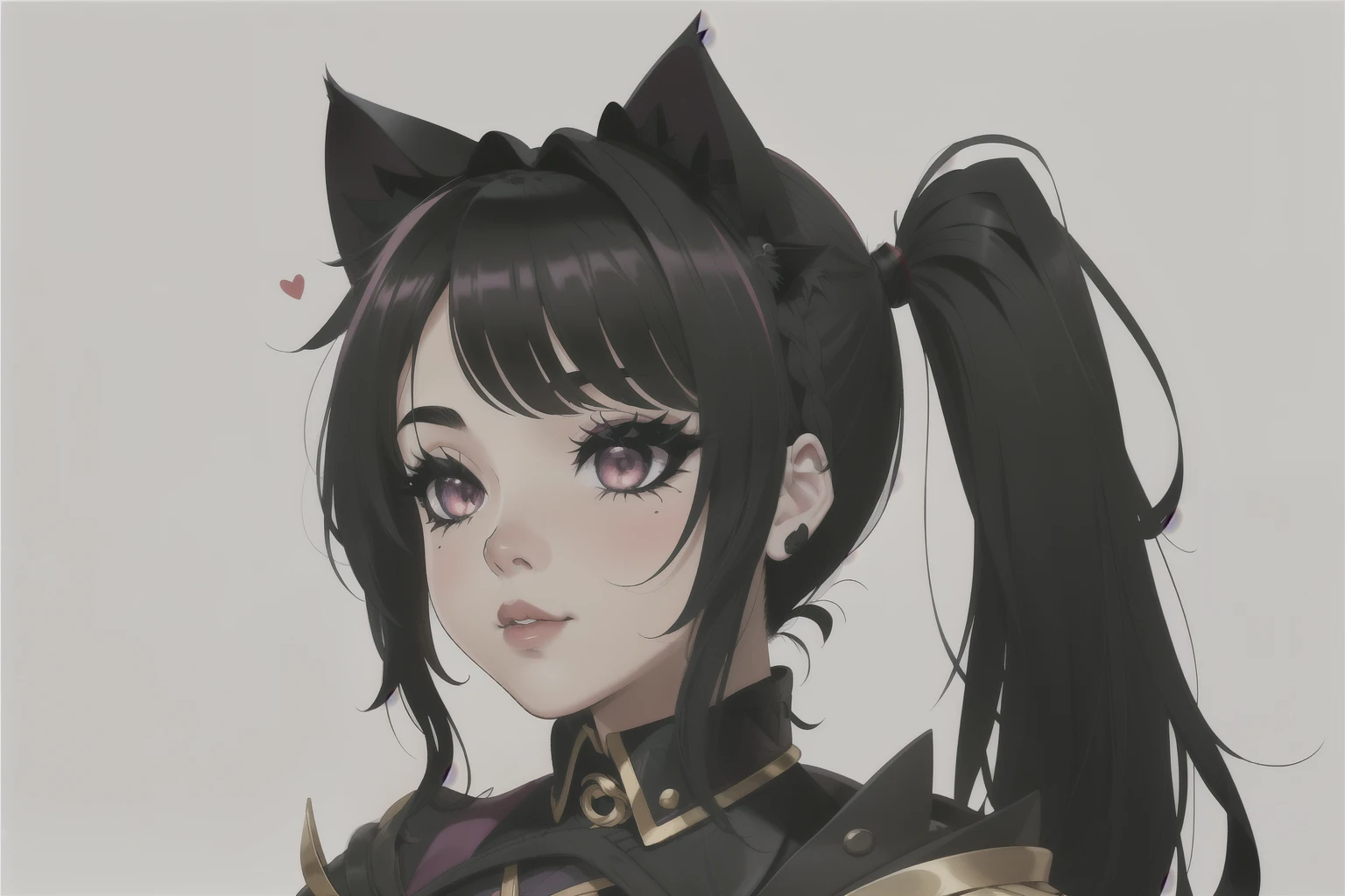 (obra maestra, Mejor calidad),,((long hair slightly wavy slightly past the shoulders, black bangs, small black pigtails on the sides, cute cat ears, beautiful thin red eyes,)),  Detalles intrincados,
Luchadora de almas Evelynn, 1 chica, chaqueta corta, tiene, pantalones, cabello corto, pelo rubio, escote, labios morados, 
 MathLadyMeme, texto, text in english,