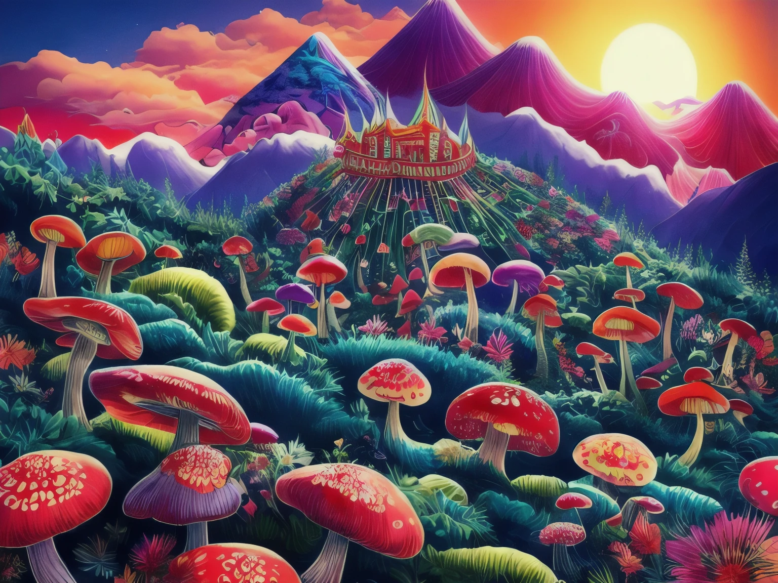 A mountain covered with mushrooms，There are leaves and flowers, A sky made of mandalas, The moon in the sky is almost covered by colorful mandala psychedelic clouds, psychedelic art, psychedelic mushrooms dream, Psychedelic illustration, psychedelic mushrooms, psychedelic trip, psychedelic acid trip, Hallucinogens, psychedelic mushrooms, Just a little LSD, psychedelic style, Mumford and Alex Gray Estillo, Psychedelic drugs, psychedelic art风格, psychedelic art品, Psychedelic Surreal Art, psychedelic aesthetic, Hallucinogens cannabis sativa’s flowers in a garden, And a sky made of mandalas