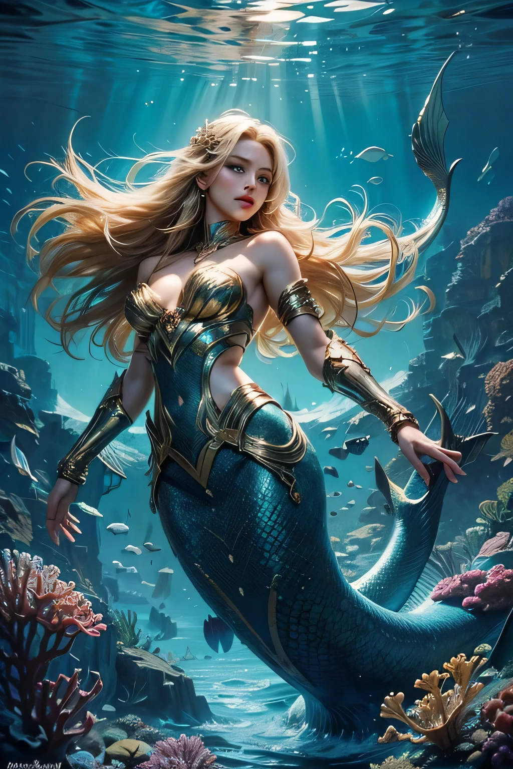 Perfect lips, perfect face, highly detailed lips, Highly detailed face, Aries image,Magical golden Aries astrolabe,Aries character in a mermaid costume,(The upper body is the image of the human body, The lower body is the body image of a fish),((Charming Aries female character:1.2),(Aries symbol:1.1),under sea World background,atlantis background,The waves,A sense of mystery,Cosmic elements,Majestic and deep atmosphere,Gorgeous decorative details,mesmerizing eyes,long hair flowing,starlight embellishment,dream colors), mermaid aesthetics, mermaid outfits, water effects from hands, wielding trident