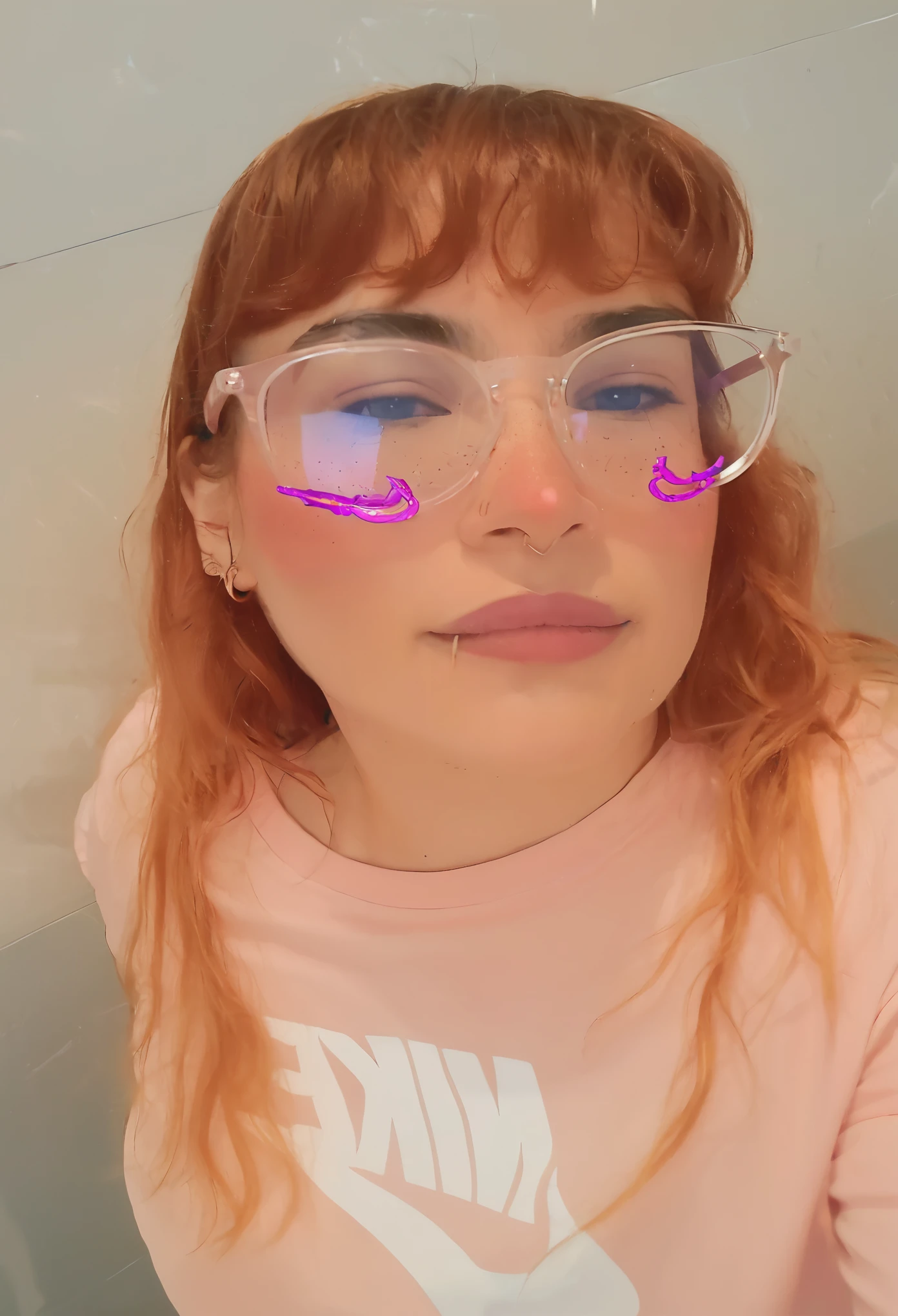 A closeup of a woman with glasses and a pink shirt, Clear glasses, pink glasses, some brightness and specifications, no estilo de Petra Collins, imagem de qualidade muito baixa, imagem de perfil, parece uma mistura de sujeira, arte digital. @mariomaniacdude, !!wearing modern glasses!!, wearing big thin round glasses, retrato nft