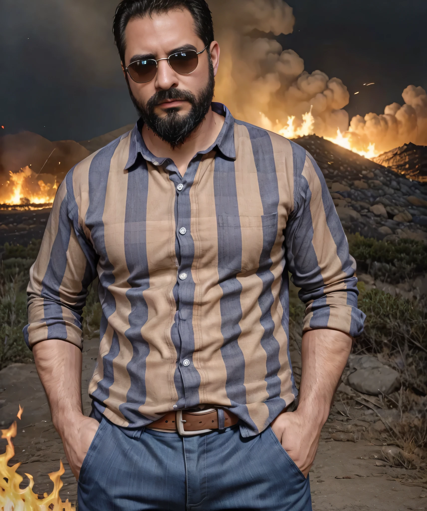 Obra maestra, desenfoque de campo, Parte superior del cuerpo, hands in pants pockets , 38 year old man with beard and square sunglasses. Man wearing a plaid shirt in an action movie with a fire storm in the background.