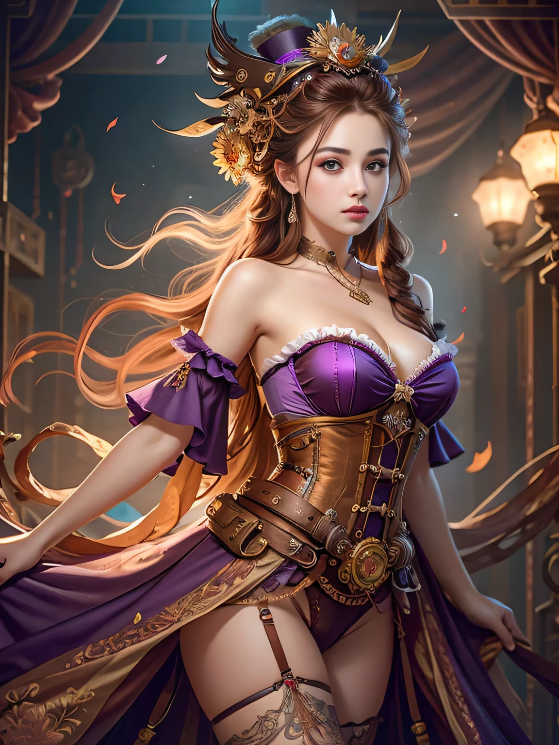 top-quality,Super masterpiece,Ultra-detailed high resolution,(Vivid:1.4),RAW Photos,,illustartion,1girl in,(solo exhibition:1.2),(cowboy lens:1.2),(Hair crown:1.2),traditional steampunk costume, intricate steampunk top hat,Strapless,(Red Eyeliner:1.2),(Black eyes:1.4),earrings,Dynamic Angle,Steampunk,Messy_long_hair,inky,Cinematic Light,Renrea,velvet,chrysanthemums,tassels,bow ribbon,Colorful embroidery,The upper part of the body,facing the lens,Dynamic Pose,Large,purple corset and stockings