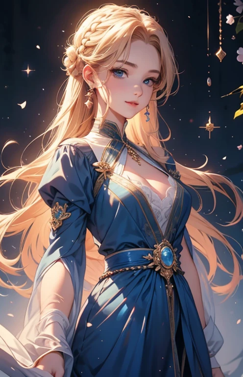 masterpiece、highest quality、High resolution、high quality images、8K, 1 female、skin luster、Texture of skin and clothing、Expression of fine eyes、Shiny bright golden hair,Girl with long braided hair, Manga inspired by Lee Jong-suk, trending on deviantart, realism, detailed manga style, manga art style, perfect line drawing, beautiful line drawing, digital manga art girl, K-POPアイドル, beautiful blue eyes, plump lips, detailed gorgeous face, (cute smile), charm, innocent, Side view, (perfectly detailed face), (fine hands) photorealistic images, Depth of written boundary, Princess hairstyle, Corolla on the head , fortune teller , Fluffy sheep's clothing , show your shoulders , I can see the cleavage , night sky , night view ,beautiful starry sky ,beautiful starry sky , Aries , romanticism,
