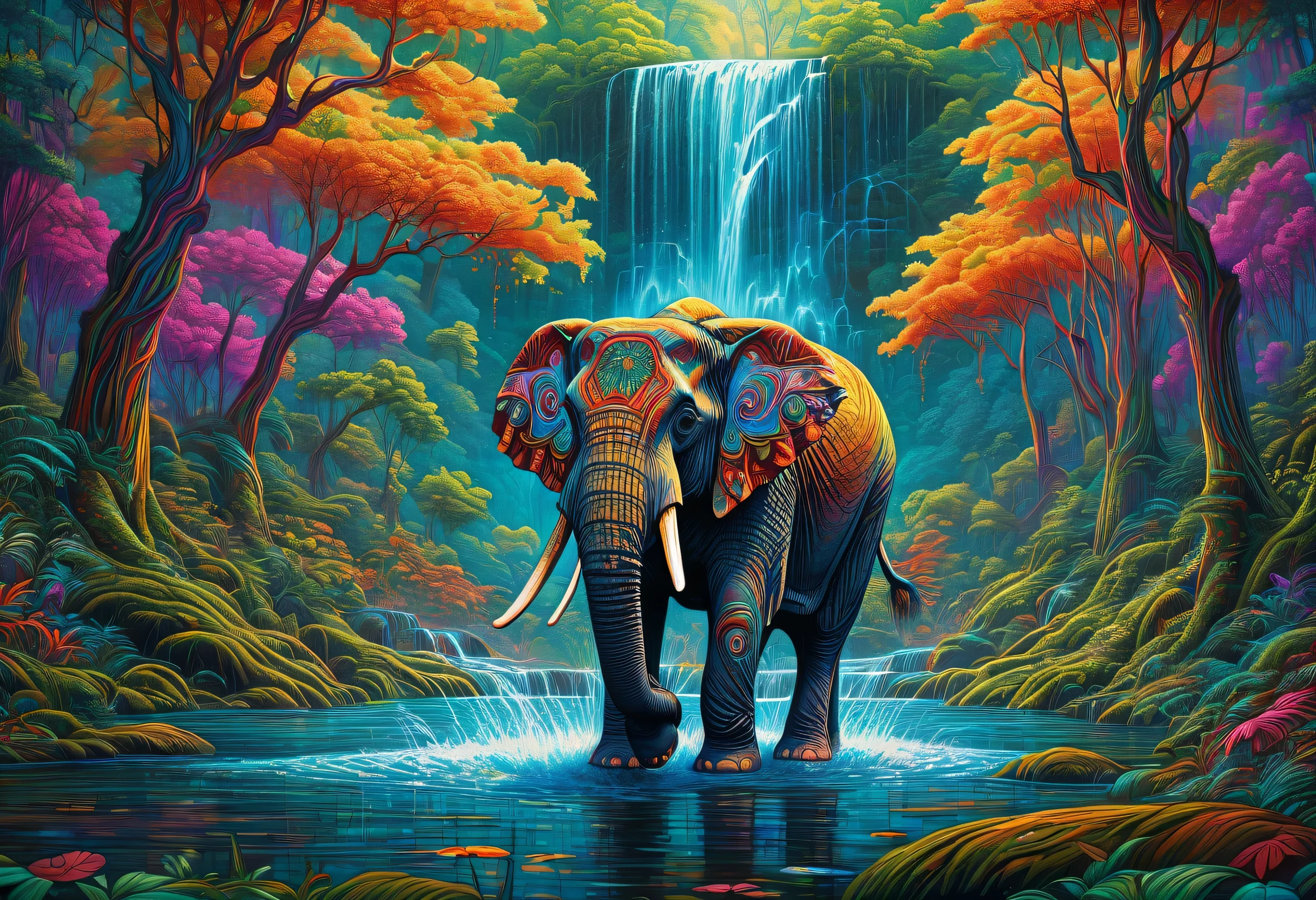 Painting of an elephant walking through a forest with a waterfall, Colored elephant art, Rich in color and detail, Psychedelic Forest, detailed painting 4k, very high quality artwork, Visionary Art Style, Dan Mumford and Alex Grey&#39;s style, Highly detailed art in 4K, Highly detailed 4K art, psychedelic art style, Detailed 4K painting, 8K high quality detailed art