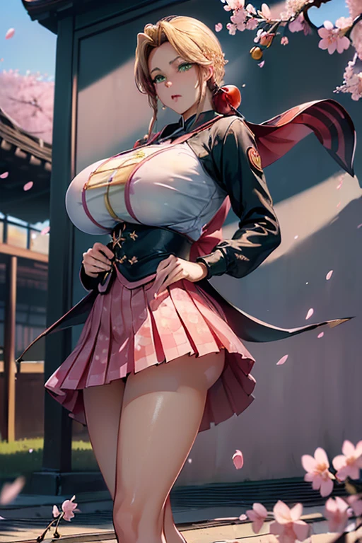 ((woman,????????????, (????????????:1.8),とても唇が赤い????????????を強調,big ???,thin waist,long legs,green eyes立っている)) ((((anime style))))8k(((((anime style)green eyes)))) 8k((Standing at the station))8k((Waiting for a train at the station))8k((early morning))8k((beautiful woman))8k(Good at drawing faces)((学生blazer15歳学生服 緑のネクタイ, blazer, pleated skirt))8k(((((spring,cherry blossoms,The wind is blowing,the skirt is turned up,cherry blossomsが散っている:1.3)))))