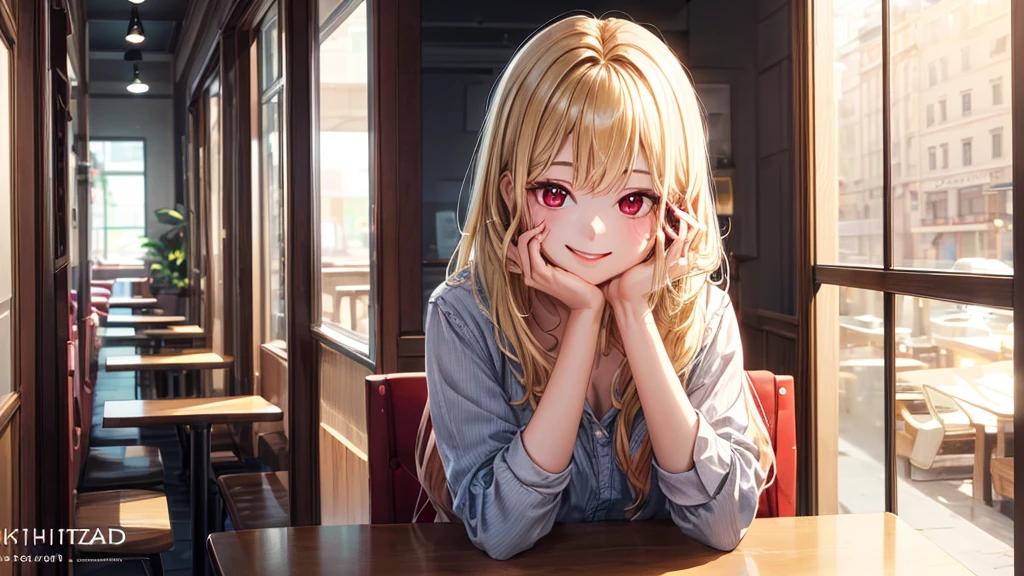 (original photo, best quality), 1 girl with blonde hair and red eyes, Kitagawa Umimu, natural lighting, Upper body, cafes, Smile,
Satosh Khan Art Style