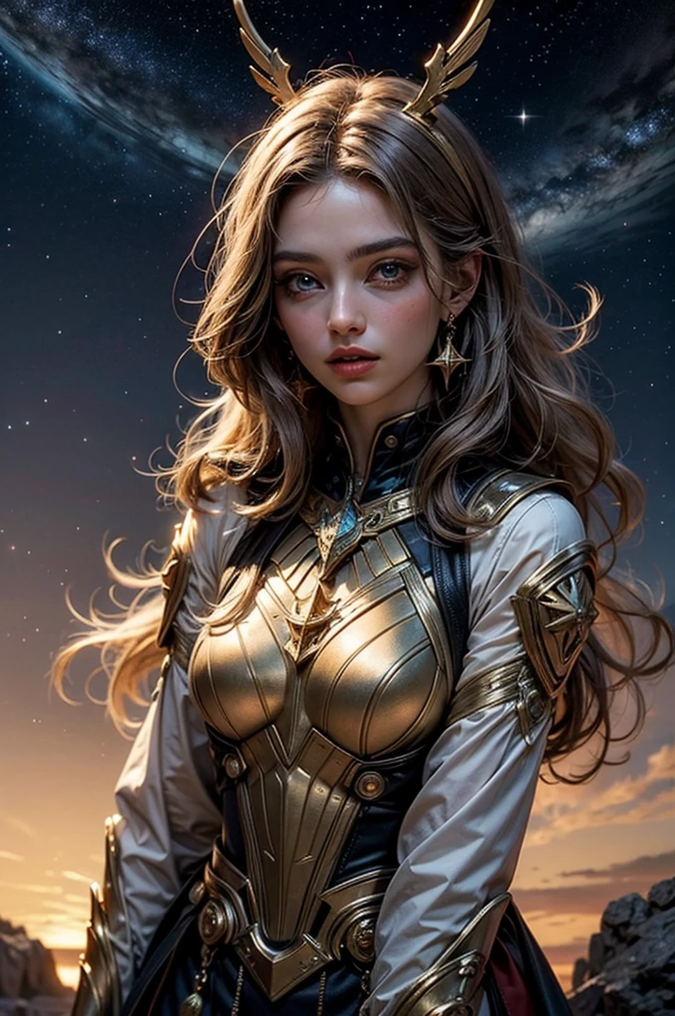 ((best quality)), ((masterpiece)), (detailed), Sagittarius image,Magical golden Sagittarius astrolabe,Sagittarius character in a Star-Spangled costume,(The upper body is the image of the human body, The lower body is the body image of a horse),((Charming Sagittarius female character:1.2),(Sagittarius symbol:1.1),starryskybackground,The stars twinkle,A sense of mystery,Cosmic elements,Majestic and deep atmosphere,Gorgeous decorative details,mesmerizing eyes,long hair flowing,starlight embellishment,dream colors)