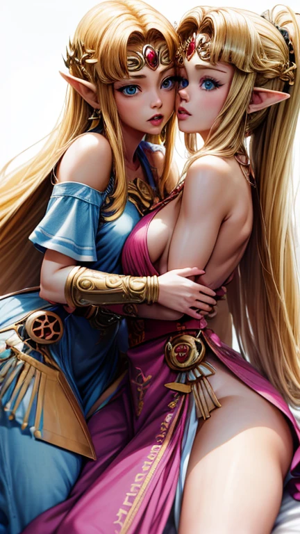 princess zelda, 2 women, one of them blonde very long hair, the other ponytail, blue eyes, one of them wearing a sexy pink dress with side slit, one of them wearing a blue bikini, ultrasharp, looking at the viewer, ((best quality)), ((masterpiece)), (detailed), perfect face, big breast, sexy body, sexy woman on top of her, hugged, An anime scene of two women hugging and kissing intensely, touching chest, as they lie down in bed