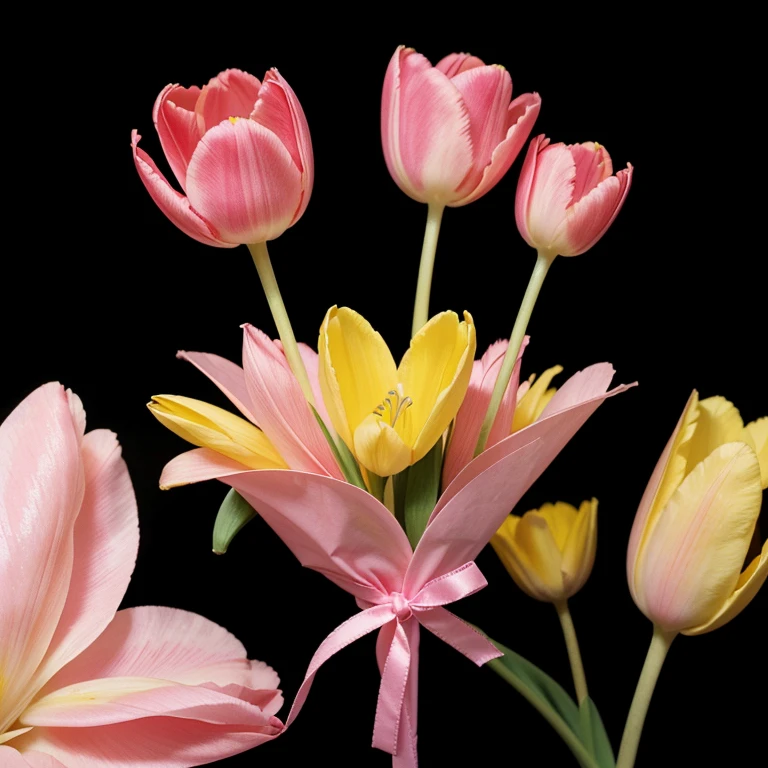 Yellow and pink tulips tied with ribbon cartoon mobile wallpaper with black background