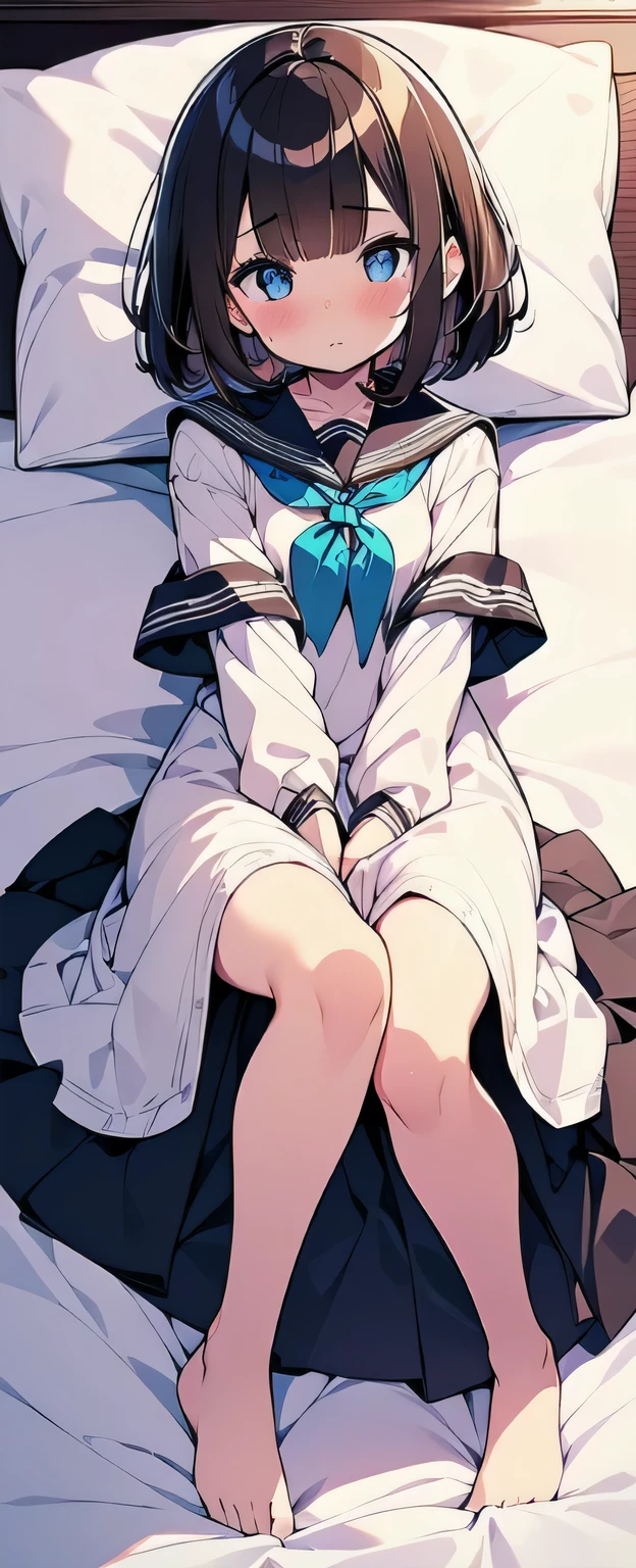 (best quality), (Super detailed), (Best Illustration), (1girl), full body, look at viewer, (white serafuku), (lying on bed:1.2), blush, {brown hair, (bob cut:1.2), curly hair, hairs between eyes}, {(detailed eyes), twinkle(in the eyes), blue eyes},