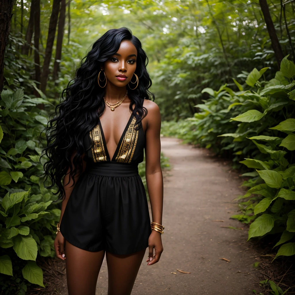 Long wavy luxurious black hair, black woman, ebony skin tone, orange romper, gold hoops, nature, from a distance