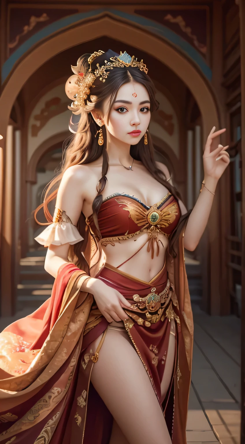 Bestquality,a masterpiece,Ultra-detailed high resolution,(Vivid:1.4),RAW Photos,,illustartion,1girle,(Solo exhibition:1.2),(Cowboy lens:1.2),(Hair crown:1.2),Traditional costumes of Dunhuang, China,strapless,(Red eyeliner:1.2),(Black eyes:1.4),earings,Dynamic angle,opera house,messy_long_hair,ink,Cinematic Light,lens_flare,velvet,chrysanthemum,tassels,Ribbon,Colorful embroidery,upper half body,facing the lens,Dynamic Pose,Large,Embroidered cloth shoes