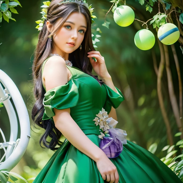 Most beautiful brunette princess with amethyst eyes wearing a green ball gown