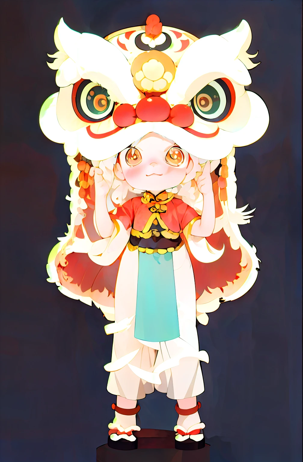a boy::1 Holding a giant lion head::2, ddler, Lovely, lol, Red lantern, Chinese Year, indoor, Chinese clothes, Chinese style, Red, lion dance