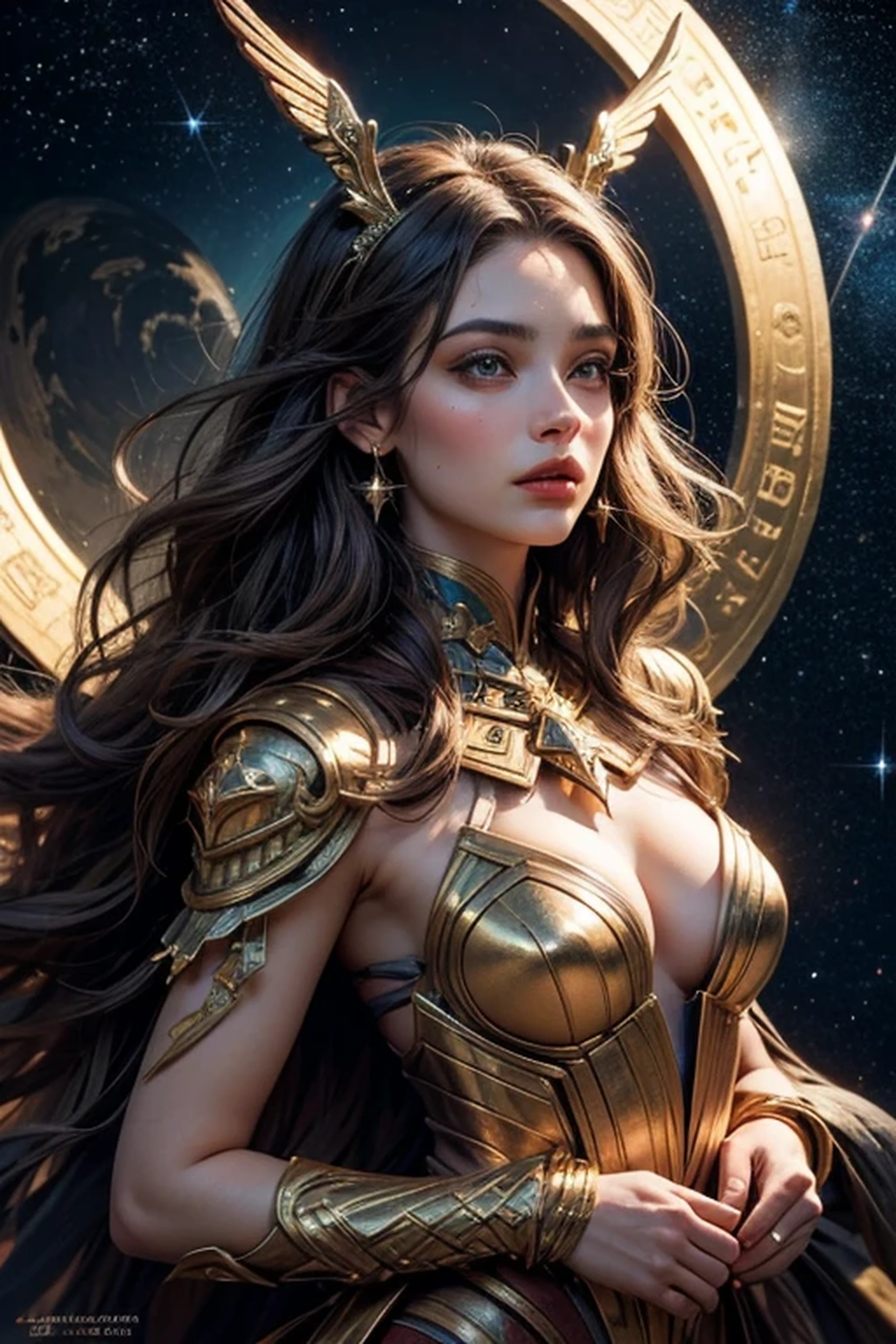 ((best quality)), ((masterpiece)), (detailed), Sagittarius image，Magical golden Sagittarius astrolabe，Sagittarius character in a Star-Spangled costume，（The upper body is the image of the human body, The lower body is the body image of a horse），((Charming Sagittarius female character:1.2),(Sagittarius symbol:1.1),starryskybackground,The stars twinkle,A sense of mystery,Cosmic elements,Majestic and deep atmosphere,Gorgeous decorative details,mesmerizing eyes,long hair flowing,starlight embellishment,dream colors) 