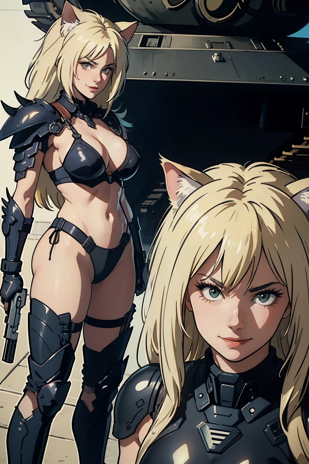 ((highest quality)), ((masterpiece)), (be familiar with), (High definition), 8K, perfect face、2 women、Two blonde women with cat ears standing side by side、(Smile)、combat readiness、tall、2 Blonde cat ears、2. Long Hair、2. Volumetric hair style、big breasts、constricted waist、big ass、glamorous、Glamorous、Bikini Protector、Armor、combat suit、combat boots、armed、Equipped with large firearms、Posing in front of a tank、cinematic、best shadow、side lighting、NEO TOKYO、(Close-up of two faces:1.2)