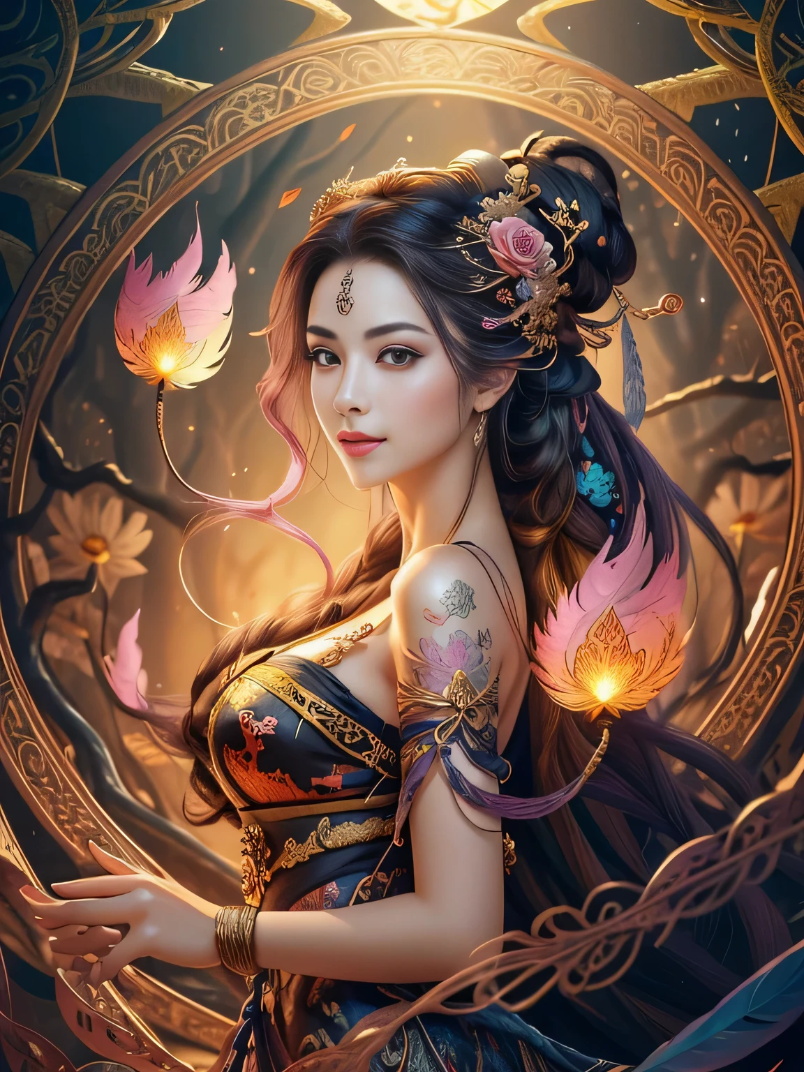 Er Jie, a girl with a smooth and dynamic posture, wearing a loose and flowing pink dress, with a mysterious expression and curly black pink hair, [Zhang Ziyi|Aishwarya Rai], bold and colorful abstract art in a modern and abstract environment, blurred background, bright lights, official art, Unity 8k wallpaper, (zentangle, mandala, tangled, tangled), intricate clothes, mid-style (whole body, from all directions, masterpiece, top quality, best quality, official art, Beauty and aesthetics: 1.2), very detailed, (fractal art: 1.1), (color: 1.1) (flowers: 1.3), highest detail, (zentangle: 1.2), (dynamic pose), (abstract background: 1.3), (shiny skin), (multiple colors: 1.4), (feathers: 1.5), dynamic angle, most beautiful chaotic forms, elegant, fauvist design, bright colors, romanticism, dark style beautiful princess of the underworld spooky bad smile complex tattoos Anime 3D Art Style 3D Dark Night Deep Black Sky Horror ((Cold Complex Skull Accessories )) (Guvez style artwork) ((Black Chinese-style underground palace with huge complex structure in background)) Leica lens Depth of field (Masterpiece, top quality, best quality, official art, Beauty and Aesthetics: 1.2), (1girl: 1.3), (Fractal Art: 1.3) (Masterpiece, Top Quality, Best Quality, Official Art, Beauty and Aesthetics: 1.2), (1girl), Extreme Detail, Colorful, Highest Detail, Official Art, Unified 8k Wallpaper, Ultra Detailed, Beautiful and Aesthetic, Beautiful, Masterpiece, Best Quality, (Zentangle, Mandala, Tangled, Entangle), Holy Light, Gold Leaf, Gold Foil Art, Glitter Drawing, PerfectNwsjMajic M Desfi masterpiece, the best quality, hair becomes fire, hair is on fire, fantasy, (Ray: 1.05), Orange Light Particles, Landscape, Fire, Beautiful and Detailed Explosion, Beautiful Detailed Glow, Flame Burning Around, Flame Burning Around, Fire Feather, Burning, (Burning Forest: 1.34), (Bare Trees: 1.05), Ash, (Red Sun: 1.05), (Flame Around Character: 1.1), Solo, Crazy Smile, (Detail: 1.05), High Resolution Illustrati