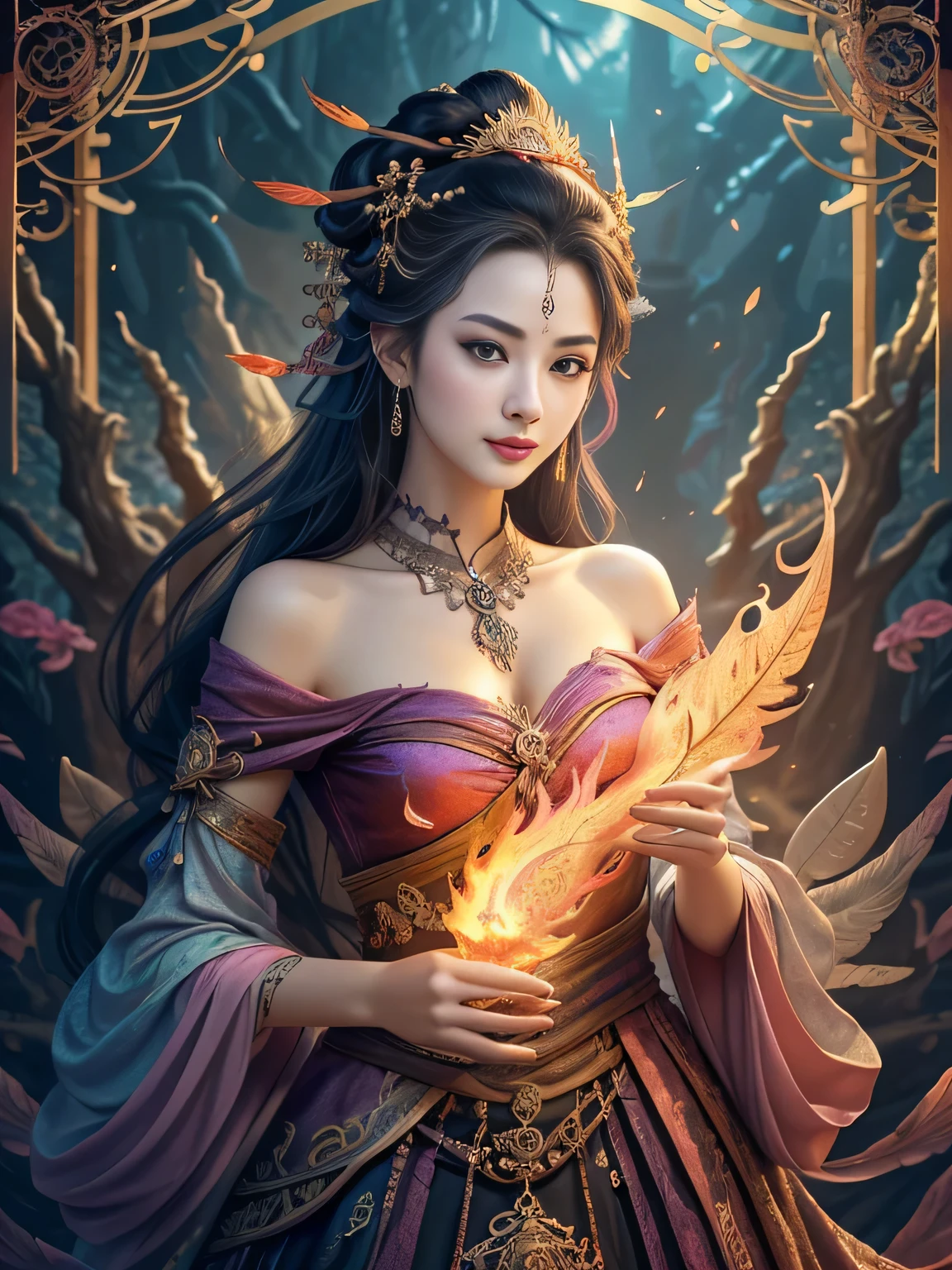 Er Jie, a girl with a smooth and dynamic posture, wearing a loose and flowing pink dress, with a mysterious expression and curly black pink hair, [Zhang Ziyi|Aishwarya Rai], bold and colorful abstract art in a modern and abstract environment, blurred background, bright lights, official art, Unity 8k wallpaper, (zentangle, mandala, tangled, tangled), intricate clothes, mid-style (whole body, from all directions, masterpiece, top quality, best quality, official art, Beauty and aesthetics: 1.2), very detailed, (fractal art: 1.1), (color: 1.1) (flowers: 1.3), highest detail, (zentangle: 1.2), (dynamic pose), (abstract background: 1.3), (shiny skin), (multiple colors: 1.4), (feathers: 1.5), dynamic angle, most beautiful chaotic forms, elegant, fauvist design, bright colors, romanticism, dark style beautiful princess of the underworld spooky bad smile complex tattoos Anime 3D Art Style 3D Dark Night Deep Black Sky Horror ((Cold Complex Skull Accessories )) (Guvez style artwork) ((Black Chinese-style underground palace with huge complex structure in background)) Leica lens Depth of field (Masterpiece, top quality, best quality, official art, Beauty and Aesthetics: 1.2), (1girl: 1.3), (Fractal Art: 1.3) (Masterpiece, Top Quality, Best Quality, Official Art, Beauty and Aesthetics: 1.2), (1girl), Extreme Detail, Colorful, Highest Detail, Official Art, Unified 8k Wallpaper, Ultra Detailed, Beautiful and Aesthetic, Beautiful, Masterpiece, Best Quality, (Zentangle, Mandala, Tangled, Entangle), Holy Light, Gold Leaf, Gold Foil Art, Glitter Drawing, PerfectNwsjMajic M Desfi masterpiece, the best quality, hair becomes fire, hair is on fire, fantasy, (Ray: 1.05), Orange Light Particles, Landscape, Fire, Beautiful and Detailed Explosion, Beautiful Detailed Glow, Flame Burning Around, Flame Burning Around, Fire Feather, Burning, (Burning Forest: 1.34), (Bare Trees: 1.05), Ash, (Red Sun: 1.05), (Flame Around Character: 1.1), Solo, Crazy Smile, (Detail: 1.05), High Resolution Illustrati