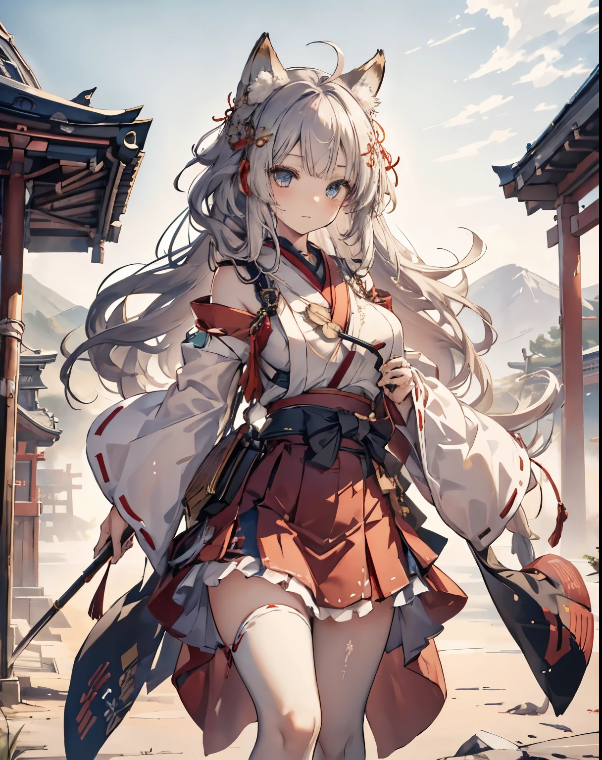 masterpiece, 1girl, sparrow, a silver haired girl, wearing a miko clothes, curly long hair, messy hair, slim body, he close her left eye, shirt ornament, aqua eyes, ahoge, baby face, huge breast, beautiful breasts, rounded breasts, long sleeves, beautiful eyes, white stocking, droopy eyes, skirt, red skirt, her age is 19 years old, shrine, flared skirt, tight haori, skirt, shrine maiden, japanese clothes, fox ear