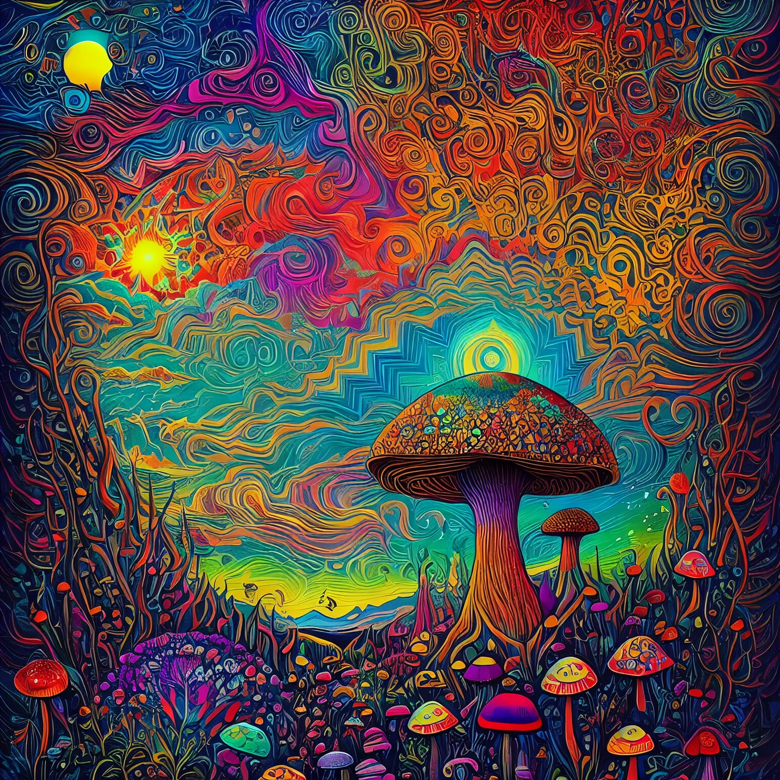 A painting，There is a mushroom in the painting，There is a bird sitting on it, Psychedelic mushrooms dream, psychedelic art, Psychedelic art, Psychedelic trip, Psychedelic art style, Psychedelic illustration, psychedelic mushrooms, whimsical and Psychedelic, Psychedelic acid trip, Psychedelic artwork, Psychedelic, extremely Psychedelic experience, Psychedelics, Psychedelic mushrooms, Psychedelic style, Psychedelic atmosphere, cosmic lsd poster art, colorful and Psychedelic