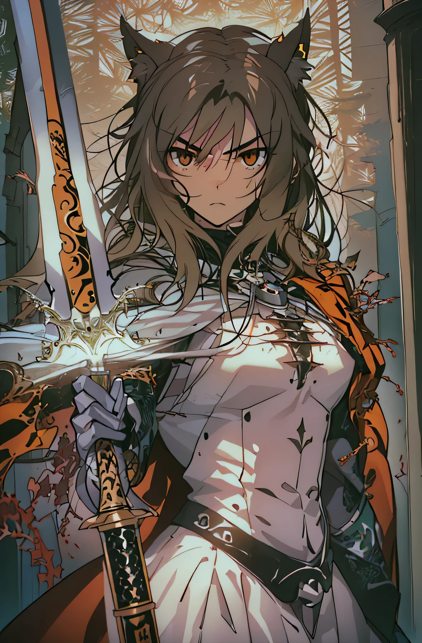 8k, masterpiece, highest quality, best quality, official art, beautiful and aesthetic, extremely detailed, (fractal art: 1.3), colorful, highest detailed, perfect face, athletic upper body, HDR,tall, athletic figure, Detailed face, Detailed eyes, brown eyes, perfect face, perfect eyes, ( 1mal, 1knight, slim waist, handaome face, pretty face, long brown hair, sharp jawline, tannned skin, sharp jawline, browm eyes, light armor, hero suit, black lipstick, black eyeshadow, brown hair, wolf cut, Standing, menacing pose, strong pose, holding sword, holding a claymore sword, holding a greatsword, big sword, Red glowing aura, menacing expression 