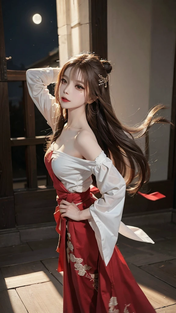 masterpiece,real photos,(solo) Real light and shadow,Backlight,Contour light,Shallow depth of field。night time,Chinese beauty with long straight reddish brown hair,looking into camera, Wearing gorgeous off-shoulder Hanfu,The moonlight shines on the skin of her face,She dances her sleeves gracefully,As if dancing in the wind,The picture has a sense of rhythm,The skirt flutters,Exuding the elegance and magnificence of classical dance,Style with Dunhuang Flying Dance,taking photos by Fujifilm high-grain 400 film,full-body shot, wild-angle view