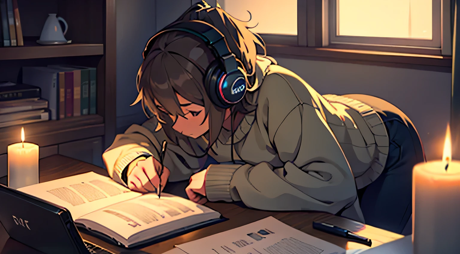 night、Girl studying in a cozy room, use headphones, Candles are lit, 2D-style animations, Lo-Fi(Lo-Fi), High Quality - Automatic