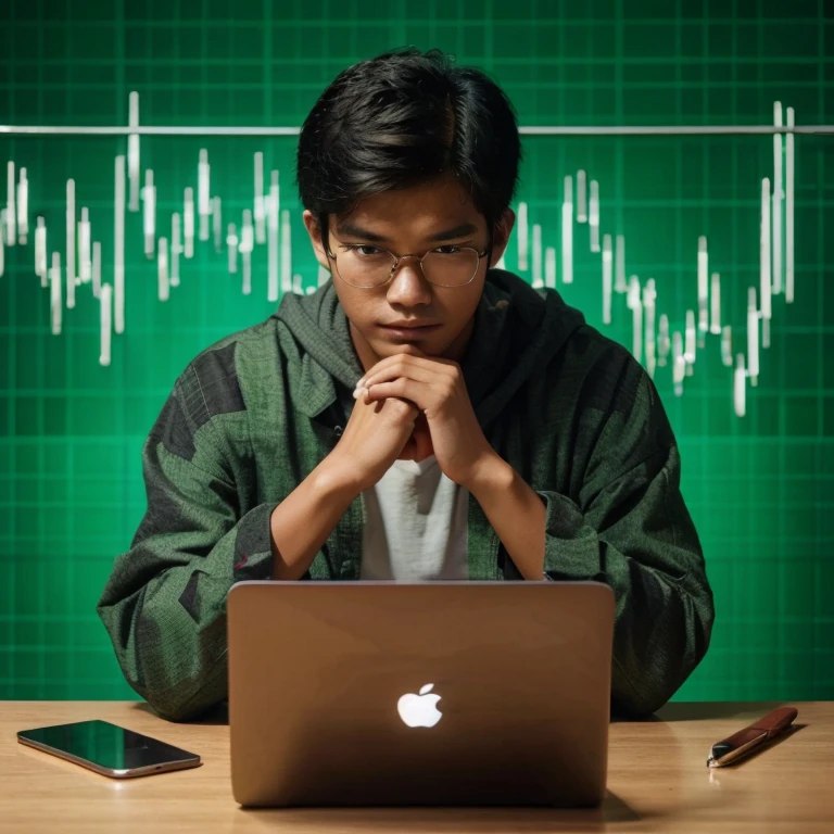 Indonesian young man, sit on the chair, eyes to Apple brand laptop on the table
