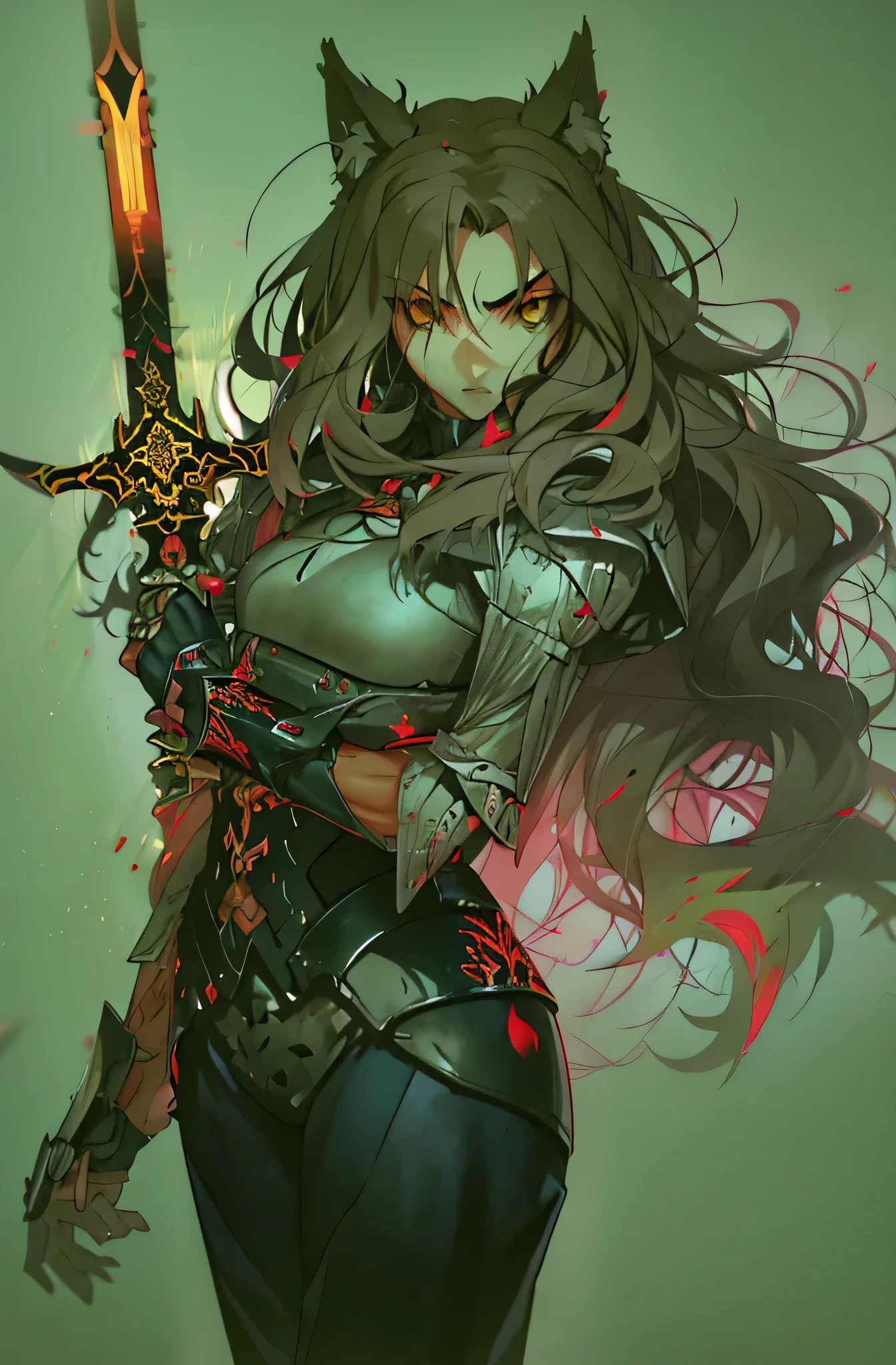8k, masterpiece, highest quality, best quality, official art, beautiful and aesthetic, extremely detailed, (fractal art: 1.3), colorful, highest detailed, perfect face, athletic upper body, HDR,tall, athletic figure, Detailed face, Detailed eyes, brown eyes, perfect face, perfect eyes, ( 1mal, 1knight, slim waist, handaome face, pretty face, long brown hair, sharp jawline, tannned skin, sharp jawline, browm eyes, light armor, hero suit, black lipstick, black eyeshadow, brown hair, wolf cut, Standing, menacing pose, strong pose, holding sword, holding a claymore sword, holding a greatsword, big sword, Red glowing aura, menacing expression