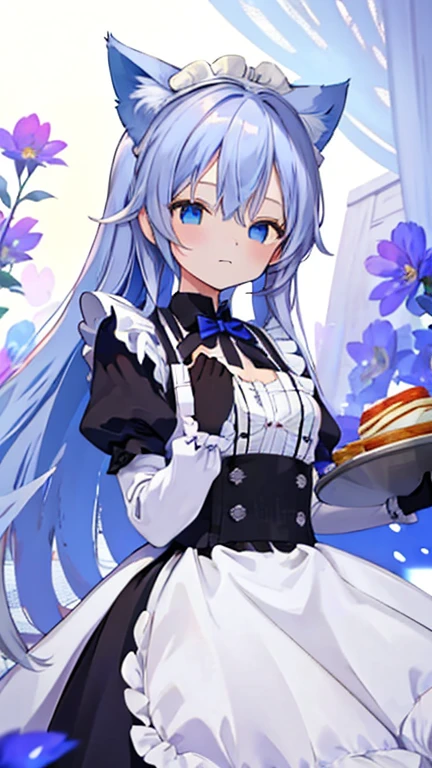 (Best quality, masterpiece), 1 girl, pose, particles, wind, flower, upper body, simple background, having long blue hair, blue-eyed, cat-eared, wearing a maid outfit, carrying a tray, faint smile