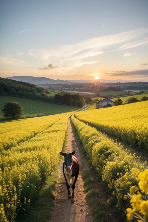 Terraces,Clear pattern,Rapeseed flowers,High-definition images,Structured,sunset,A farmer leads a cow on a field path