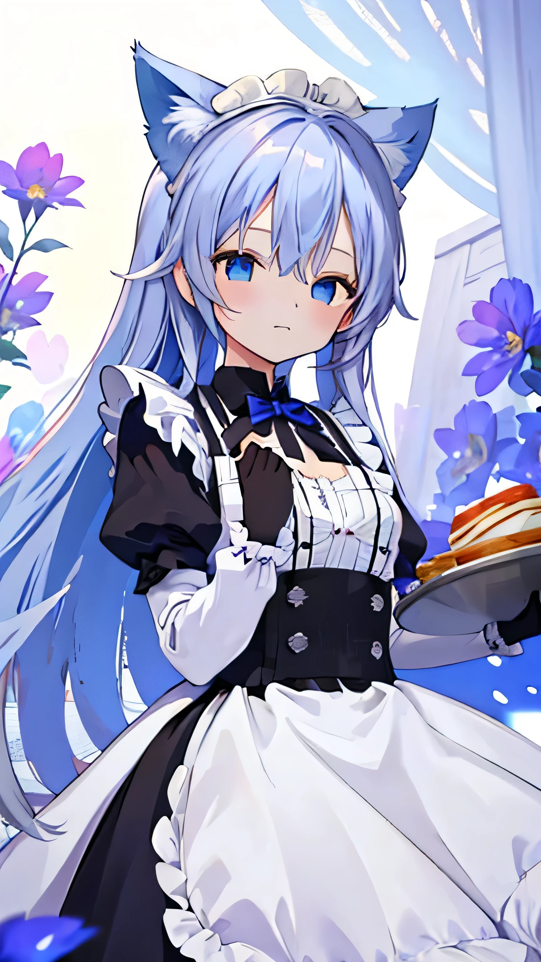 (Best quality, masterpiece), 1 girl, pose, particles, wind, flower, upper body, simple background, having long blue hair, blue-eyed, cat-eared, wearing a maid outfit, carrying a tray, faint smile
